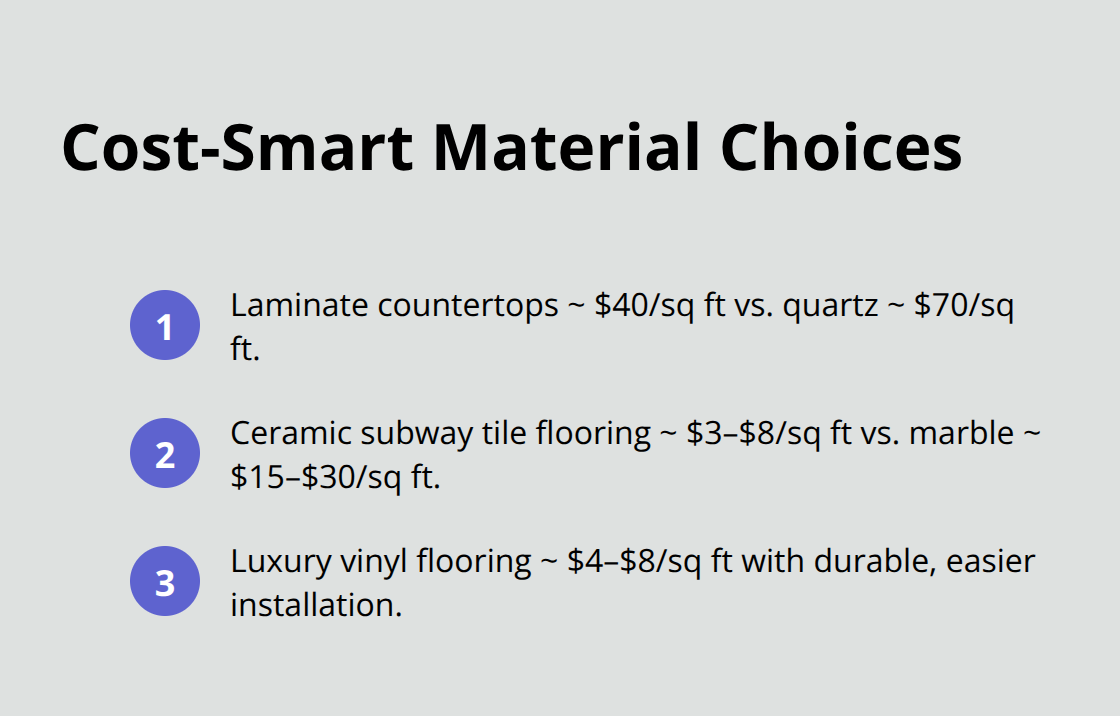 Compact list comparing costs for laminate vs. quartz, ceramic tile vs. marble, and luxury vinyl flooring. - minor kitchen remodel ideas