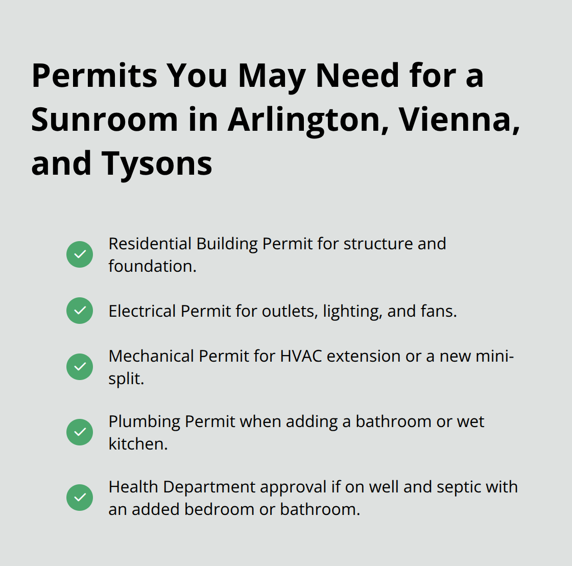 Checklist of common permits for sunroom additions in Northern Virginia, including building, electrical, mechanical, plumbing, and health approvals. - sunroom addition ideas
