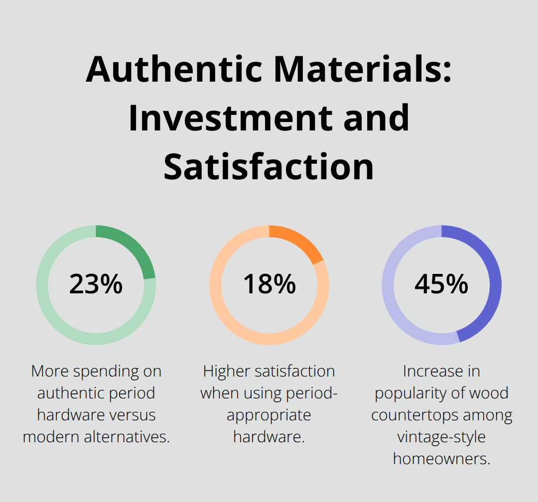 Chart highlighting spend and satisfaction with authentic vintage materials, plus rising interest in wood countertops. - vintage kitchen remodel ideas